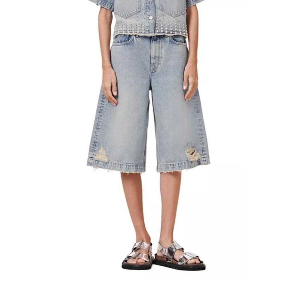 NWT ALLSAINTS Louie Denim Long Shorts Jorts Size 25 Light Indigo Distressed